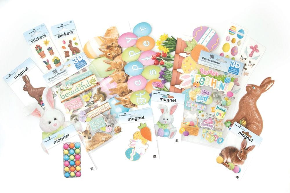SET-0055E - Easter Stickers and Accessories Set - Colorful Easter-themed collection featuring sticker sheets, chocolate bunnies, pastel decorative eggs, magnets, and spring accessories arranged on white background
