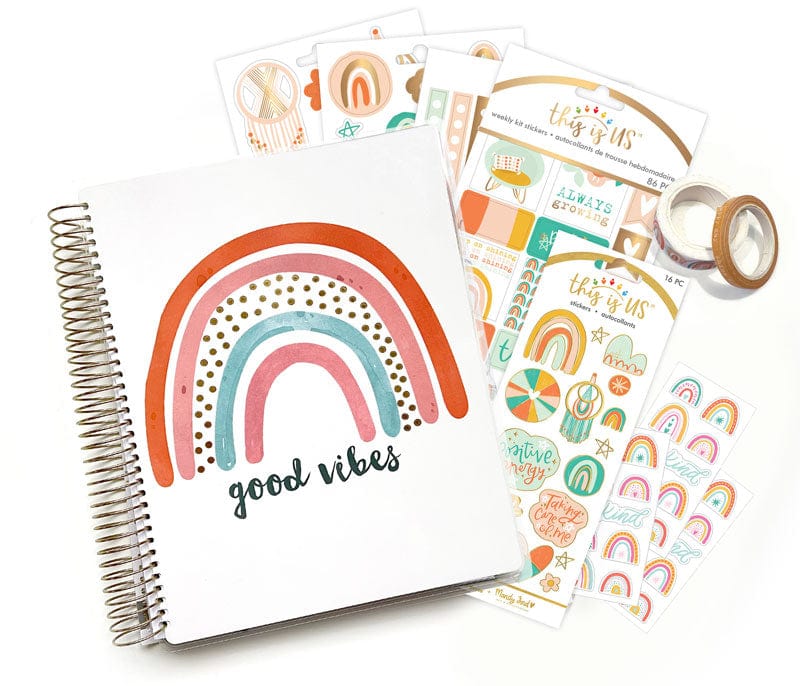 SET-0138E - Boho Rainbow Planner Bundle - Spiral-bound planner with rainbow design, sticker sheets, and washi tape in warm earth tones featuring "good vibes" text
