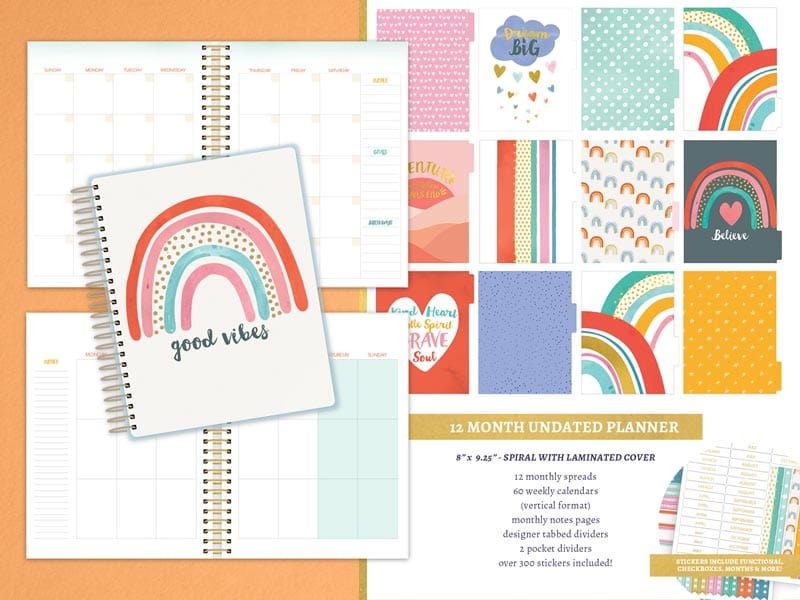 SET-0138E - Boho Rainbow Planner Bundle - Colorful planner bundle featuring rainbow designs, polka dots, and motivational text including "good vibes" on spiral-bound notebooks with coordinating patterned pages