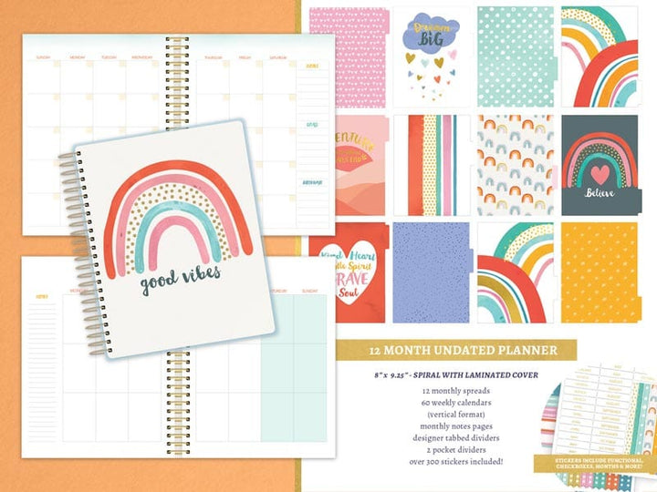 SET-0138E - Boho Rainbow Planner Bundle - Colorful planner bundle featuring rainbow designs, polka dots, and motivational text including "good vibes" on spiral-bound notebooks with coordinating patterned pages
