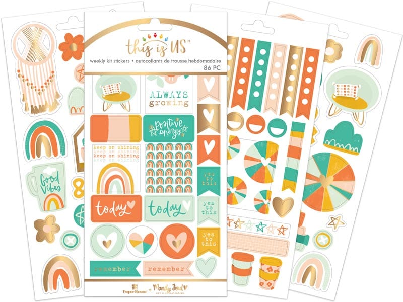 SET-0138E - Boho Rainbow Planner Bundle - Three sheets of colorful boho-style weekly planner stickers featuring rainbows, hearts, flowers, and motivational text in orange, teal, and gold