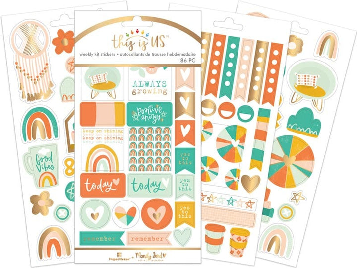 SET-0138E - Boho Rainbow Planner Bundle - Three sheets of colorful boho-style weekly planner stickers featuring rainbows, hearts, flowers, and motivational text in orange, teal, and gold