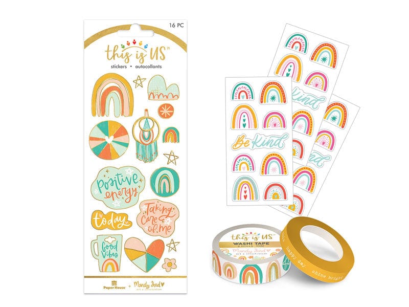 SET-0138E - Boho Rainbow Planner Bundle - Boho rainbow sticker sheet, washi tape rolls, and sticker sheets with colorful rainbows and positive affirmations in pastel colors