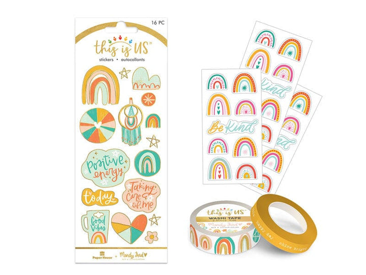SET-0138E - Boho Rainbow Planner Bundle - Boho rainbow sticker sheet, washi tape rolls, and sticker sheets with colorful rainbows and positive affirmations in pastel colors