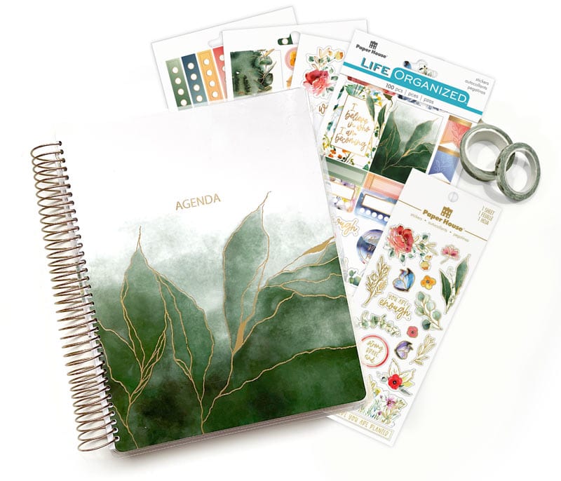 SET-0139E - Green Leaves Planner Bundle - Spiral-bound agenda with watercolor green leaves, coordinating sticker sheets, washi tape, and color palette cards displayed flat