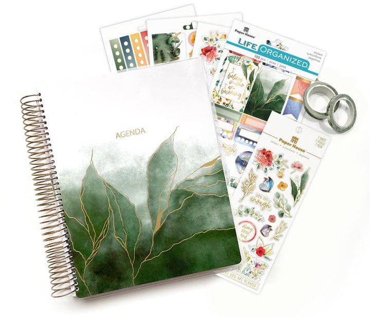 SET-0139E - Green Leaves Planner Bundle - Spiral-bound agenda with watercolor green leaves, coordinating sticker sheets, washi tape, and color palette cards displayed flat