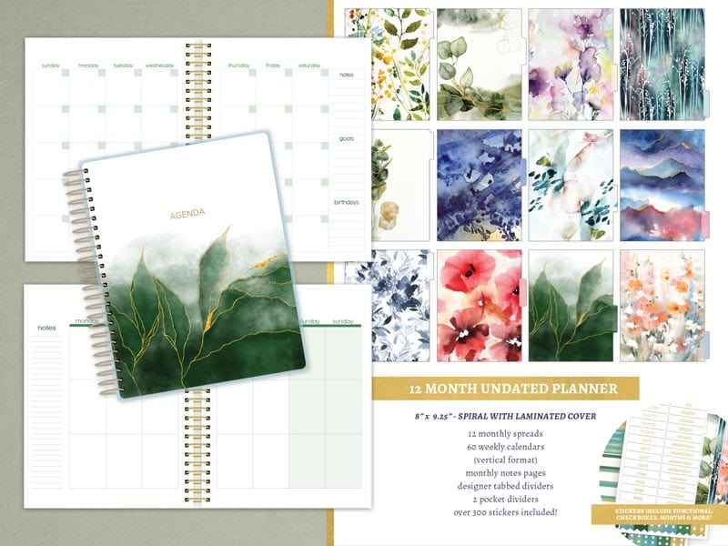 SET-0139E - Green Leaves Planner Bundle - Spiral-bound planner with green leaf cover displayed alongside coordinating design sheets and watercolor floral cover options