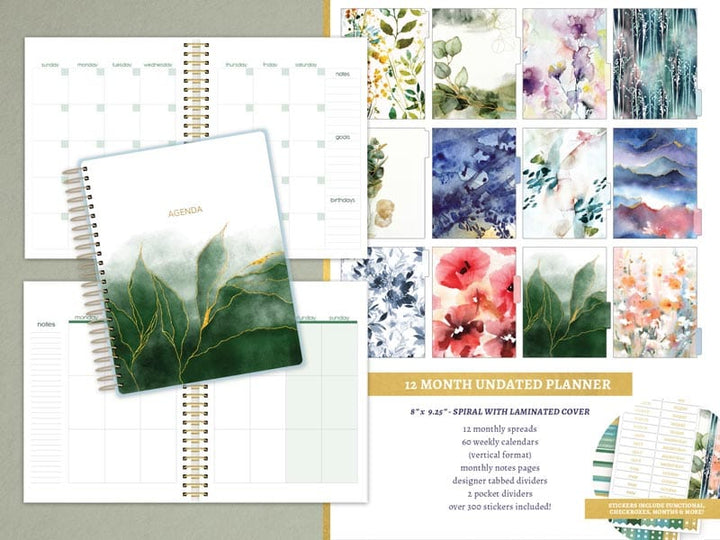 SET-0139E - Green Leaves Planner Bundle - Spiral-bound planner with green leaf cover displayed alongside coordinating design sheets and watercolor floral cover options