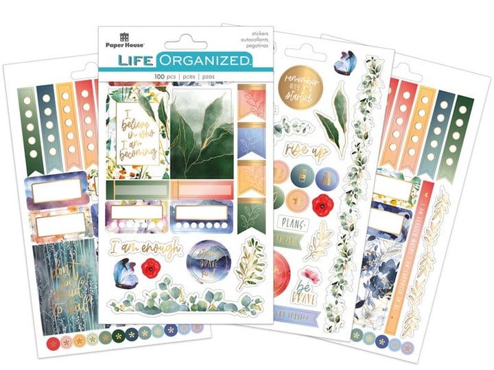 SET-0139E - Green Leaves Planner Bundle - Three sheets of botanical-themed planner stickers featuring green leaves, floral designs, motivational text, and colorful decorative elements in soft pastels