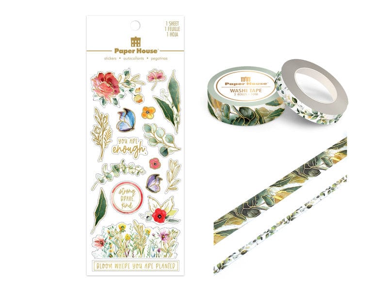 SET-0139E - Green Leaves Planner Bundle - Paper House planner bundle with floral stickers, two rolls of botanical washi tape, and coordinating tape designs