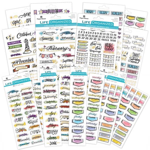 SET-0140E - Planner Stickers - Creative Journaling Weekly & Monthly Sticker Bundle - Colorful planner sticker sheets featuring month labels, day-of-week headers, numbered calendar dates, decorative banners, and task boxes in various fonts and pastel colors