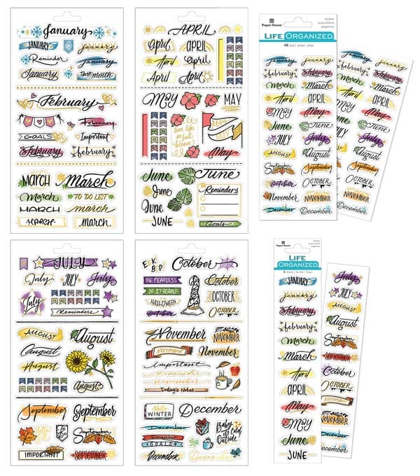 SET-0140E - Planner Stickers - Creative Journaling Weekly & Monthly Sticker Bundle - Colorful monthly planner stickers featuring hand-lettered month names, decorative elements, and organizational designs in various colors and styles