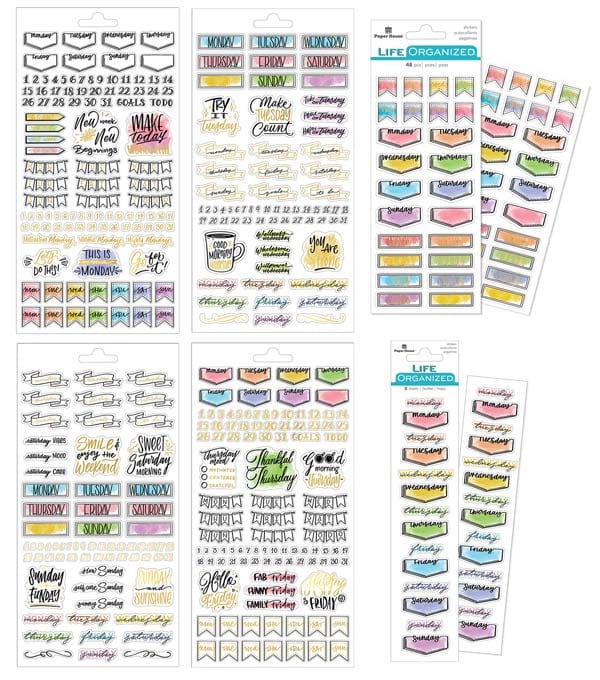 SET-0140E - Planner Stickers - Creative Journaling Weekly &amp; Monthly Sticker Bundle - Five sheets of decorative planner stickers featuring day-of-week labels, date numbers, banners, and motivational text in various colors and hand-lettered fonts