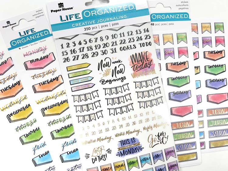 SET-0140E - Planner Stickers - Creative Journaling Weekly &amp; Monthly Sticker Bundle - Three sheets of colorful planner stickers featuring day labels, numbers, banners, motivational text, and rainbow-colored decorative elements