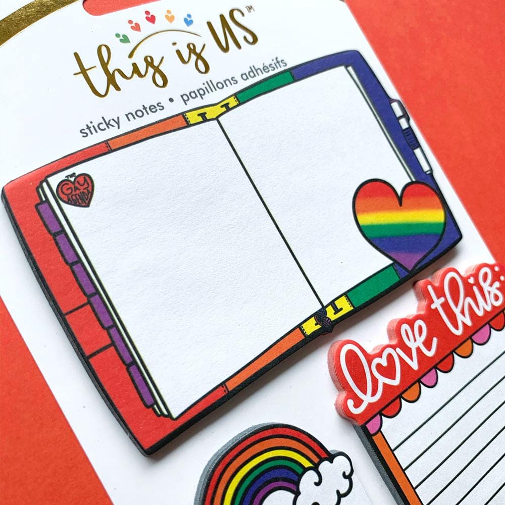 SNP-5504E - Sticky Notes - Love Is Love - Colorful sticky note pad with rainbow heart and "Love this" text on white background with pride-themed decorative elements