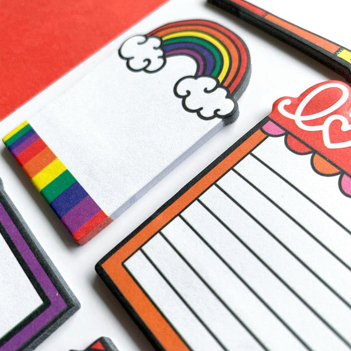 SNP-5504E - Sticky Notes - Love Is Love - Colorful sticky notes with rainbow and cloud designs, featuring lined notepad with orange border and rainbow-striped edges
