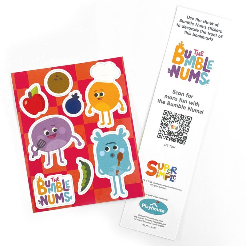 sticker sheet featuring the Bumble Nums shown with bookmark on white background.
