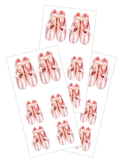3 sheets of stickers featuring photo real, pink, Ballet Slippers, shown on white background.