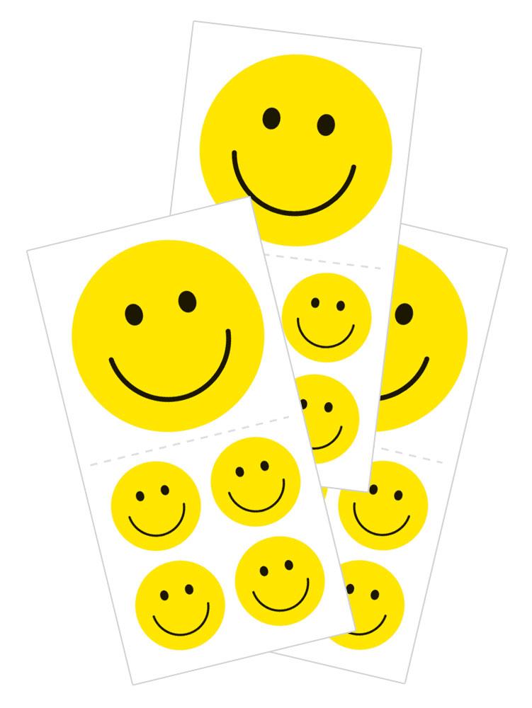 ST-2080E - Smiley Faces 2" Sticker - Yellow smiley face stickers in various sizes arranged on three white sheets with dashed fold lines