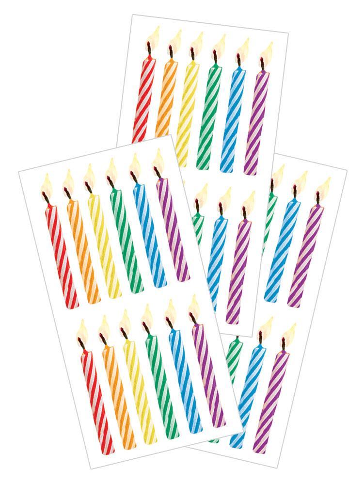 3 sheets of stickers featuring colorful striped birthday candles, shown on white background.