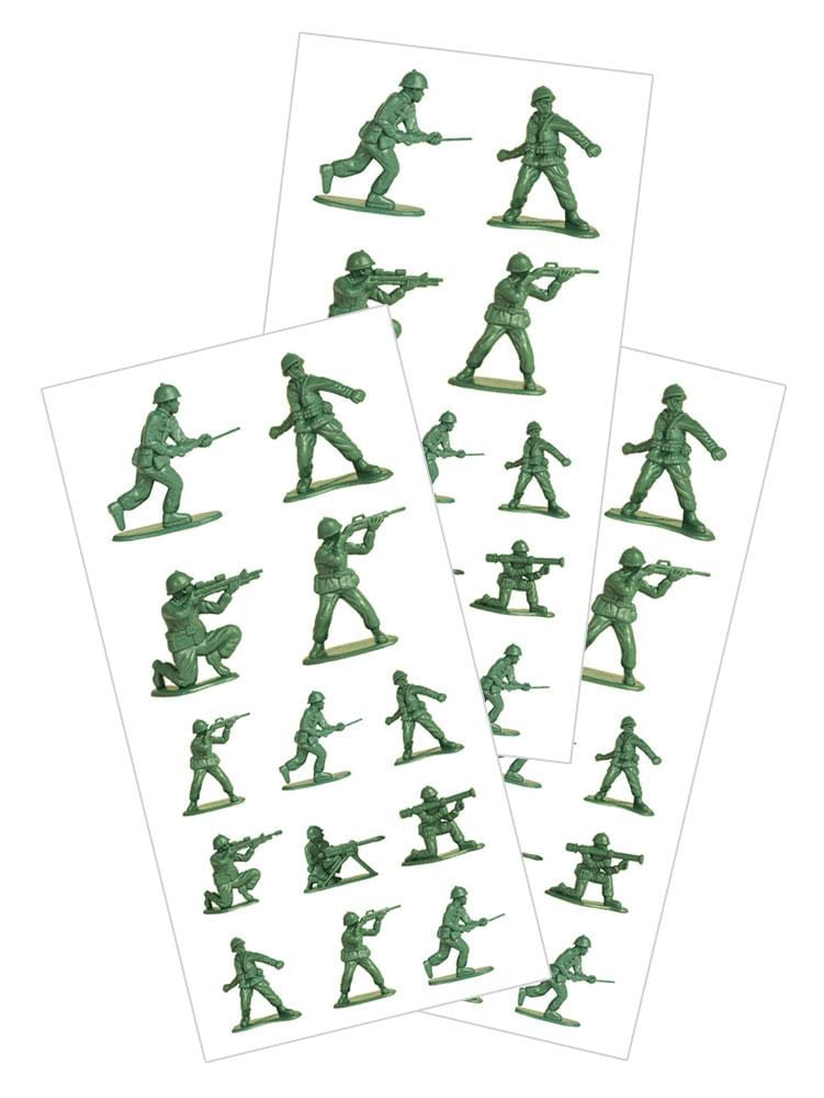3 sheets of photo real, green, toy army men shown on white background.