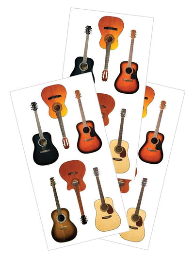 3 sheets of stickers featuring photo real Guitars, shown on white background.