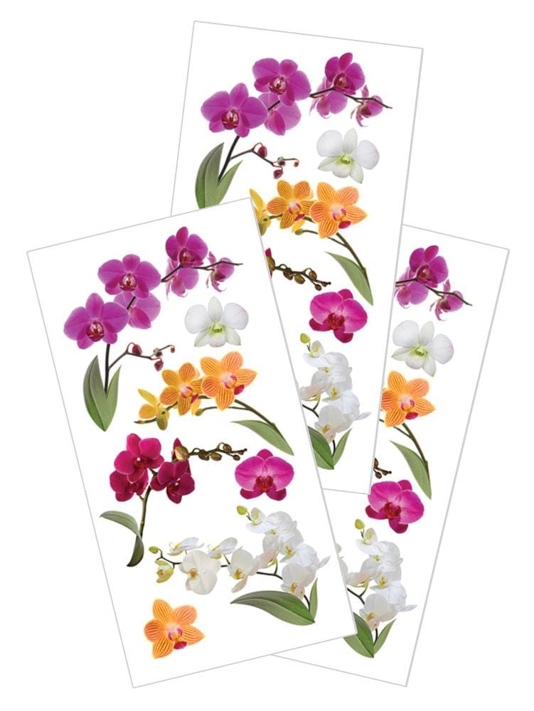 ST-2243E - Orchids 2" Stickers - Three sheets of decorative stickers featuring purple, white, and orange orchid flowers with green leaves
