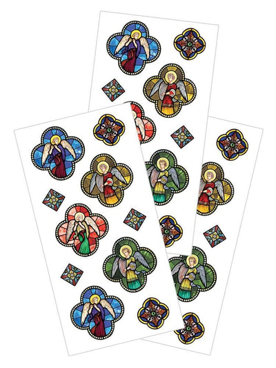 3 sheets of colorful stained glass angel stickers, shown on white background.