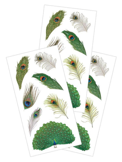 3 sheets of stickers featuring Peacock Feathers, shown on white background.