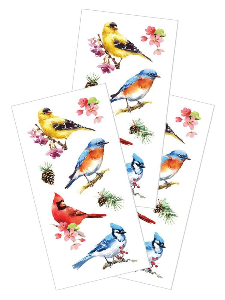 three sheets of stickers featuring watercolor birds shown on a white background.