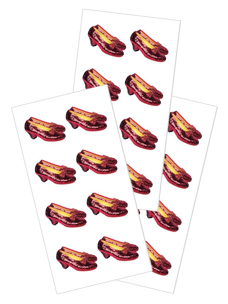 three sheets of stickers featuring photo real Wizard of Oz Ruby Slippers shown on white background.