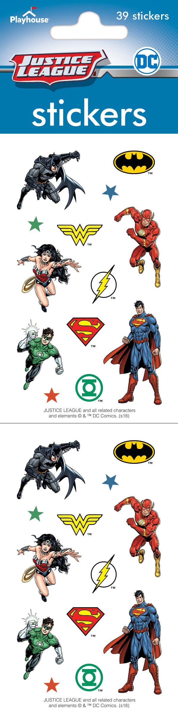 ST-7002E - Stickers For Kids - Justice League Pack - DC Justice League sticker pack featuring Batman, Wonder Woman, The Flash, Green Lantern, Superman and more on blue background