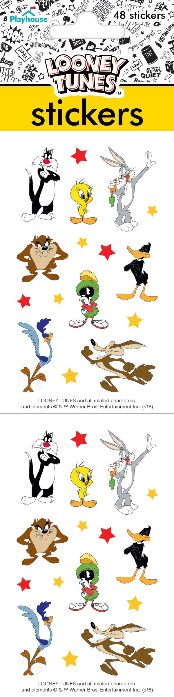 stickers featuring looney tunes characters, shown in package.