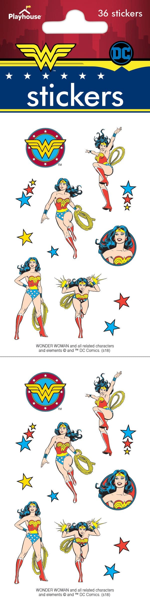 ST-7004E - Stickers For Kids - Wonder Woman Pack - Wonder Woman sticker sheet featuring 36 colorful stickers with character portraits, logos, and stars in red, blue, and yellow