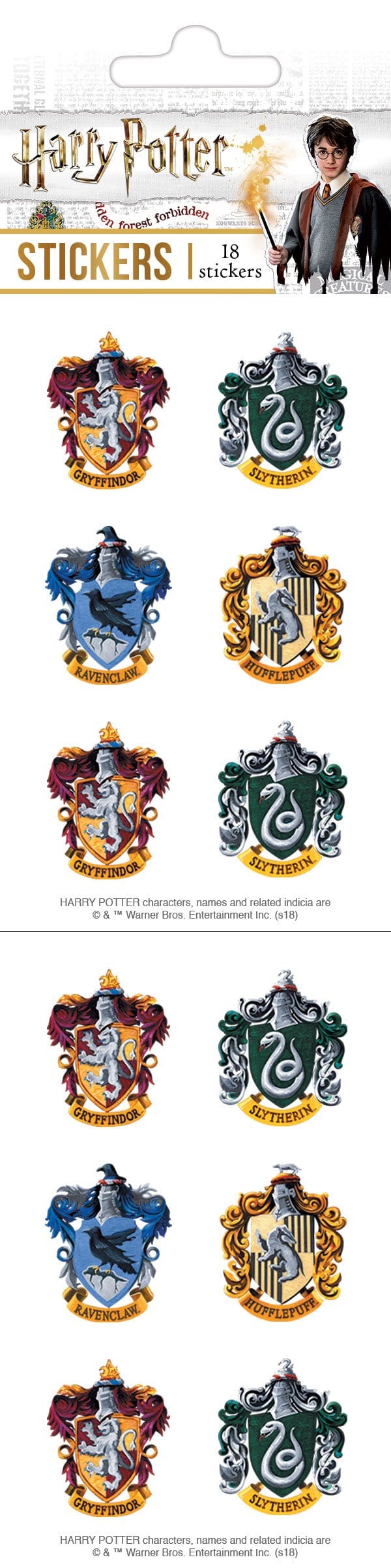 stickers shown in packaging featuring the Harry Potter crests.