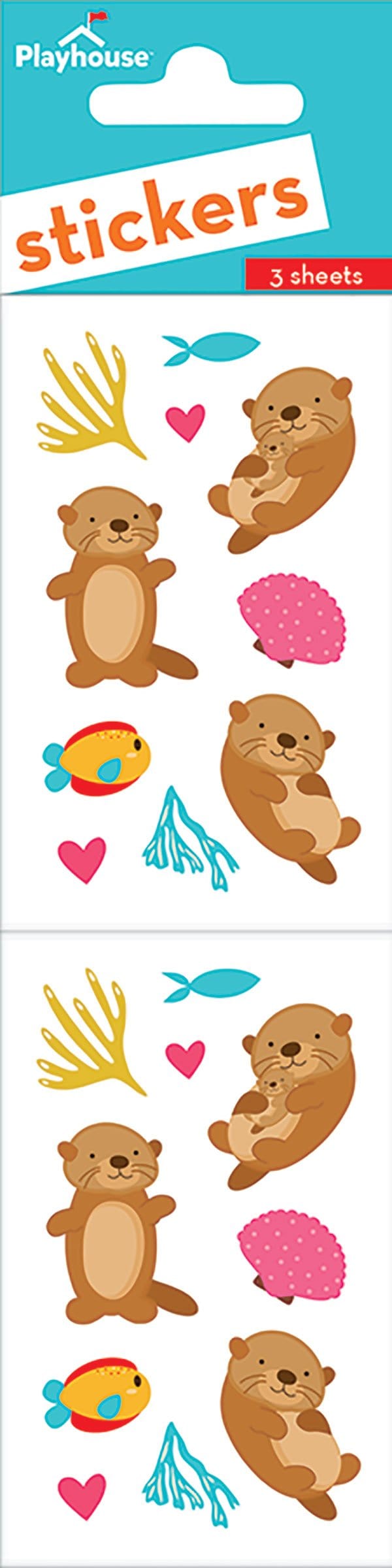 ST-7009E - Stickers For Kids - Otters Pack - Playhouse sticker sheet featuring brown otters, fish, hearts, seaweed, and a pink hedgehog on white background