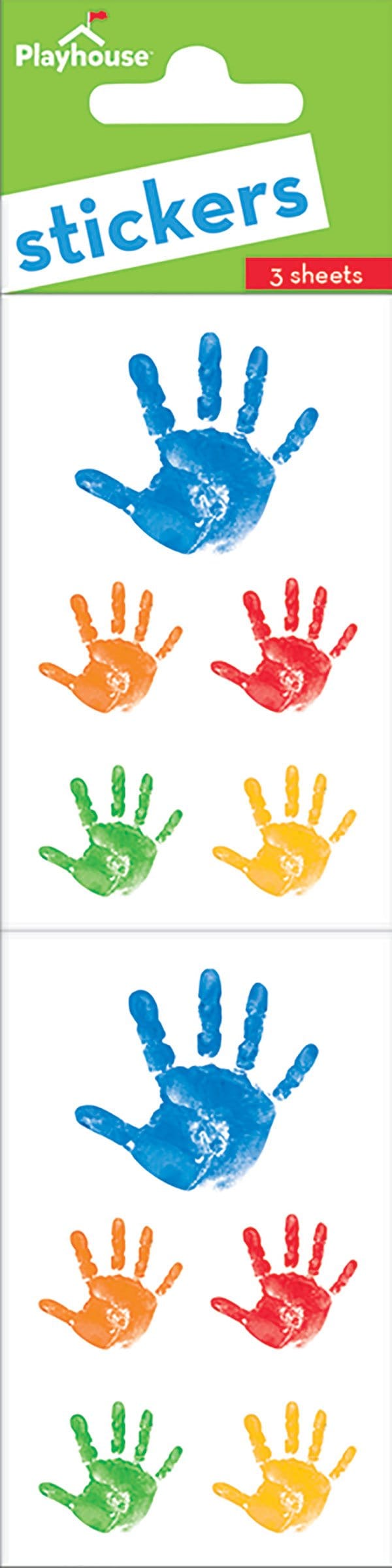 ST-7012E - Stickers For Kids - Handprints Pack - Colorful handprint stickers in blue, orange, red, green, and yellow on white sheets by Playhouse