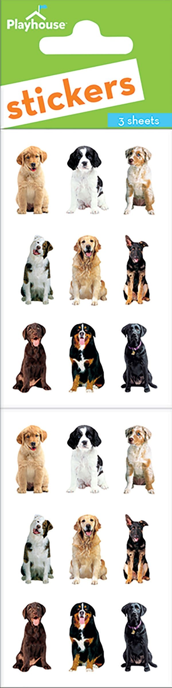 ST-7014E - Stickers For Kids - Mini Mixed Dogs Pack - Playhouse sticker pack showing 9 different dog breeds in 3 repeated sheets on green packaging