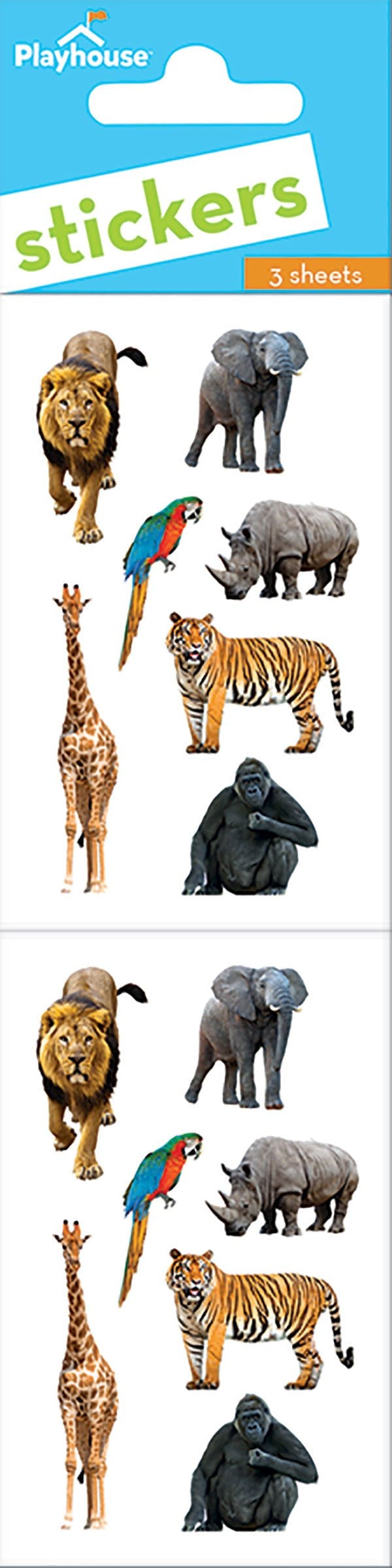 ST-7017E - Stickers For Kids - Zoo Animals Pack - Playhouse brand sticker sheets featuring realistic zoo animals including lion, elephant, parrot, giraffe, rhino, tiger, and gorilla on white background