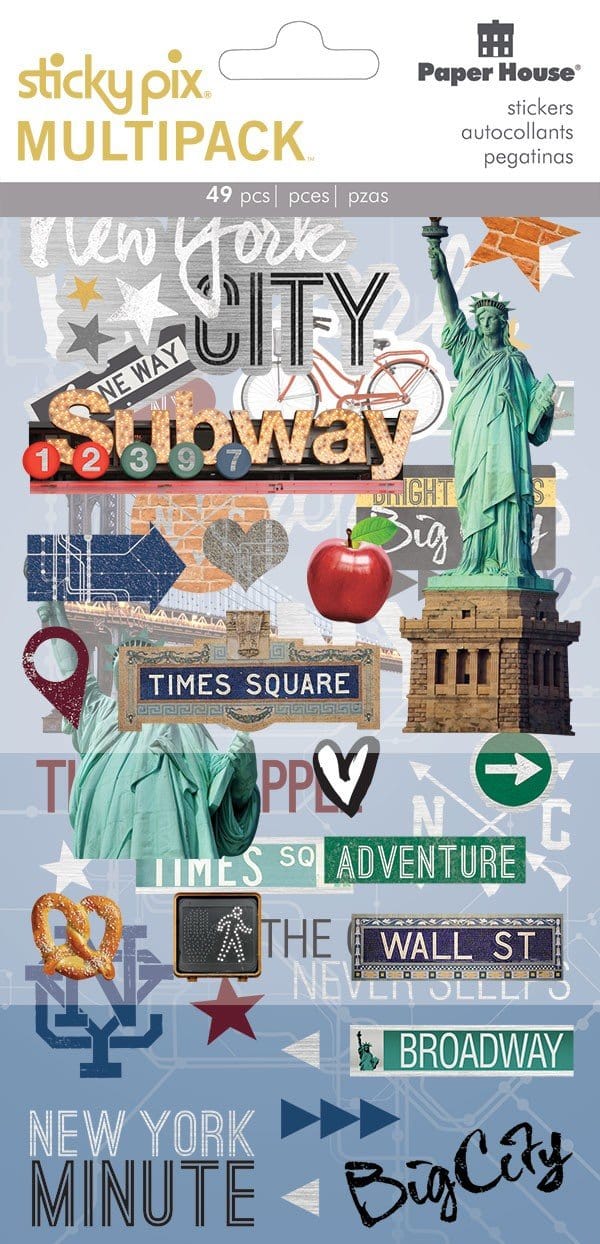 STA-0038E - Scrapbook Stickers - New York Mixed Pack - Sticky Pix multipack of 49 New York-themed stickers featuring the Statue of Liberty, Times Square, Broadway, and iconic NYC landmarks and text on blue background