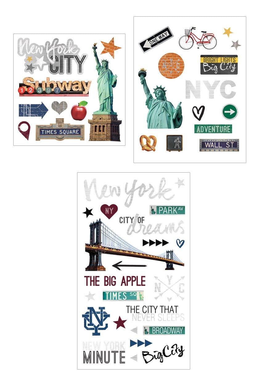 STA-0038E - Scrapbook Stickers - New York Mixed Pack - Three sheets of decorative New York-themed stickers featuring iconic landmarks, text, and symbols in orange, green, blue, and gray tones
