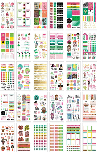 Thirty sheets of colorful planner stickers are shown in this image featuring colorful illustrations with gold details.