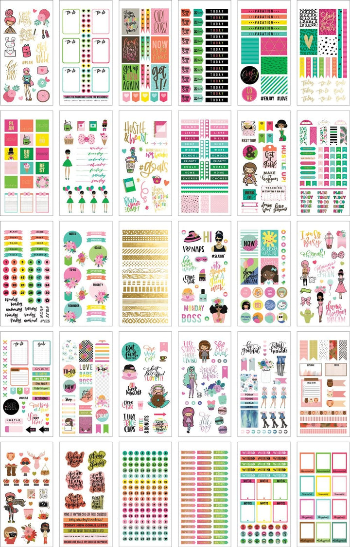 Thirty sheets of colorful planner stickers are shown in this image featuring colorful illustrations with gold details.