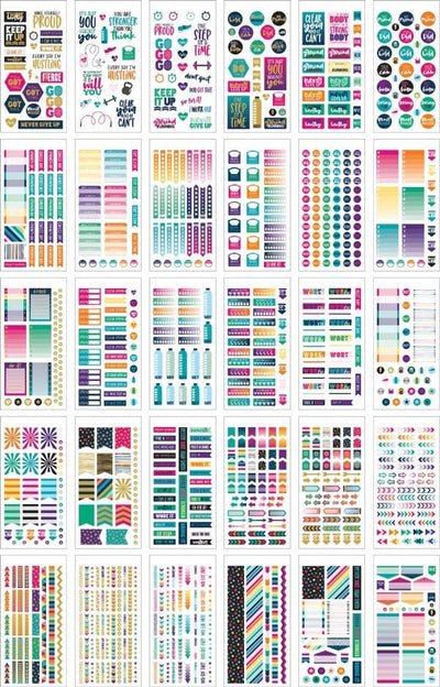 Thirty sheets of colorful planner stickers are shown in this image featuring purple, teal, pink and gold details.