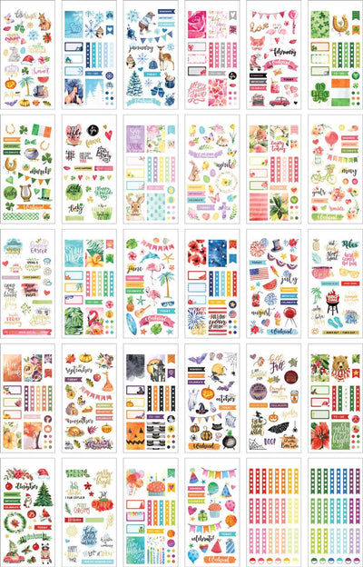 Thirty sheets of colorful planner stickers are shown in this image featuring colorful holiday themed illustrations and sentiments.
