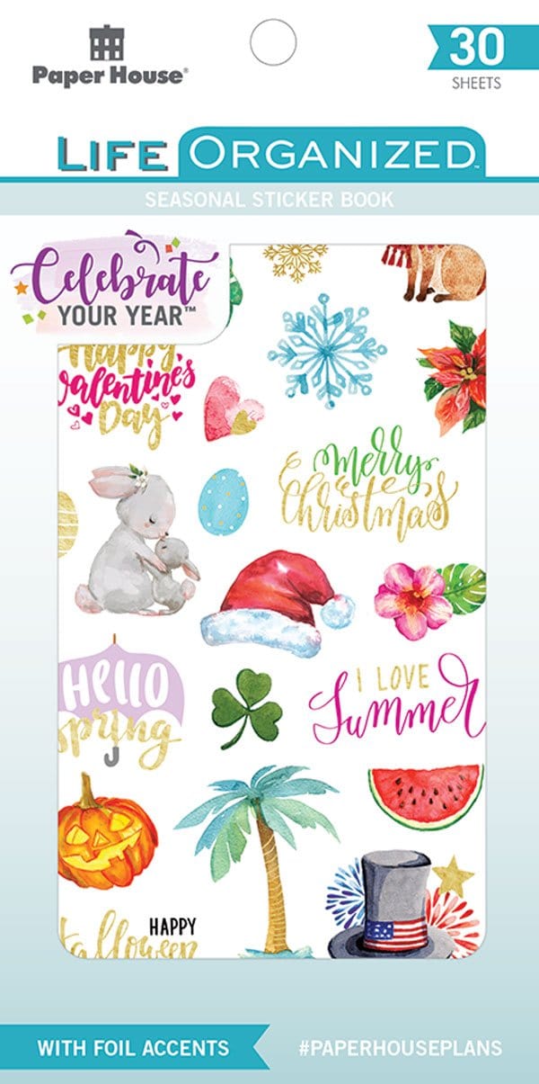 planner stickers shown in packaging featuring colorful holiday themed illustrations and sentiments.