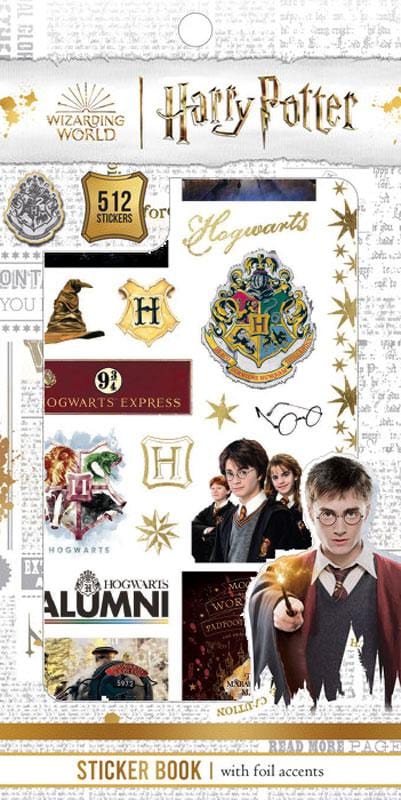 Harry Potter themed planner stickers are shown in packaging featuring Harry, Ron, Hermione, illustrated crests and colorful icons. 