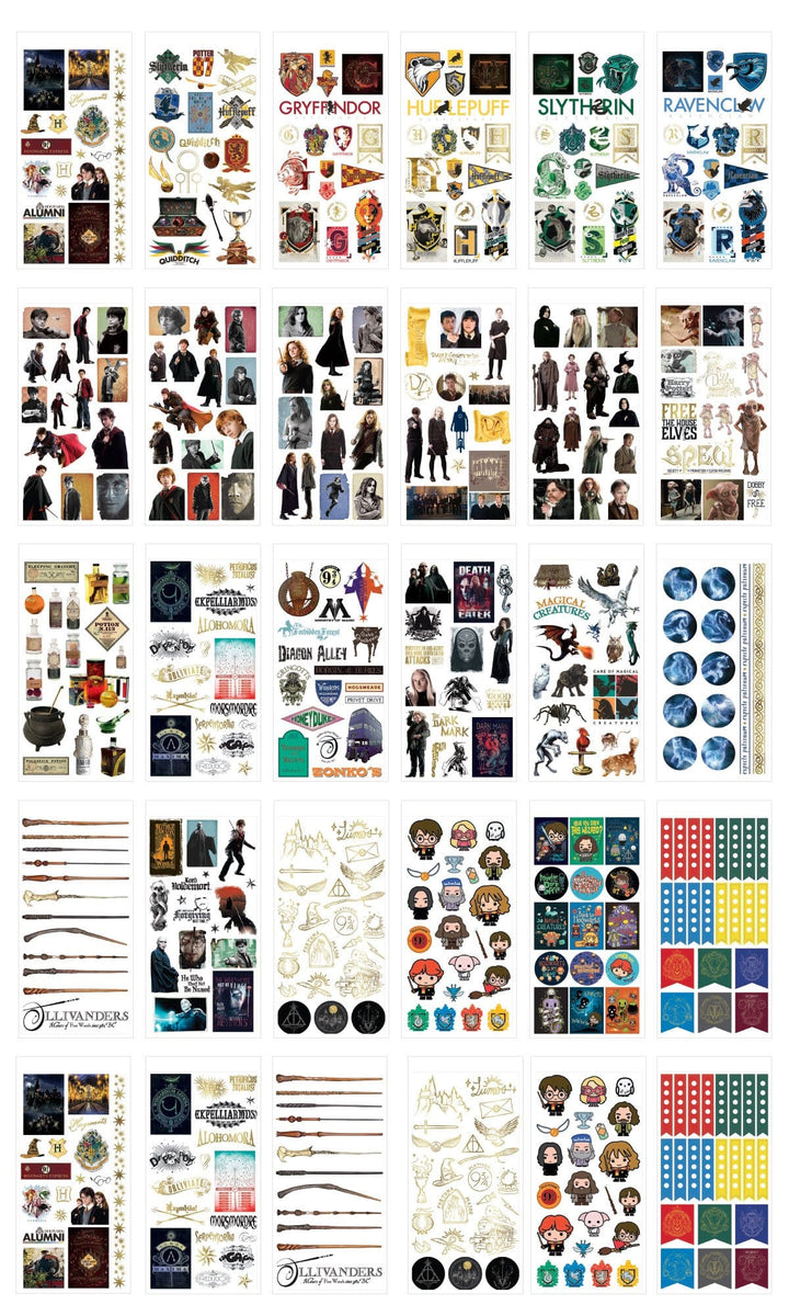 Thirty sheets of planner stickers are shown in this image featuring photographic images of Harry Potter characters, scenes, symbols, Chibi characters and colorful tags.