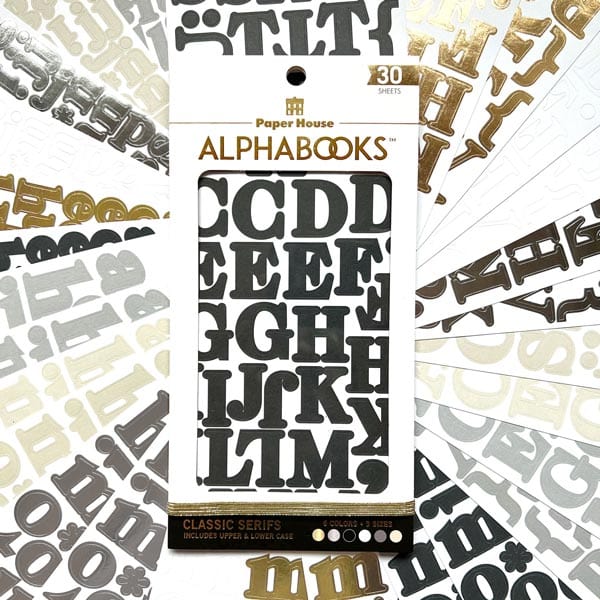 STBK-1000E - Alphabet Stickers - Alphabooks Classic Serifs - Package of alphabet stickers in black, gold, and metallic finishes with classic serif font letters displayed on white background