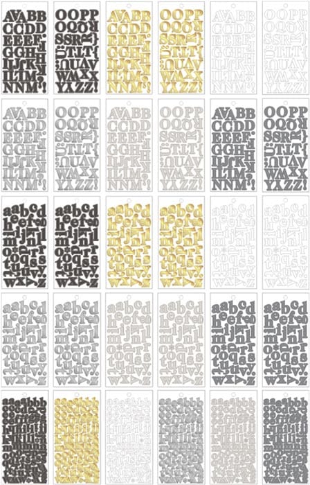 STBK-1000E - Alphabet Stickers - Alphabooks Classic Serifs - Sheets of alphabet letter stickers in black, gold, and white serif fonts arranged in various patterns